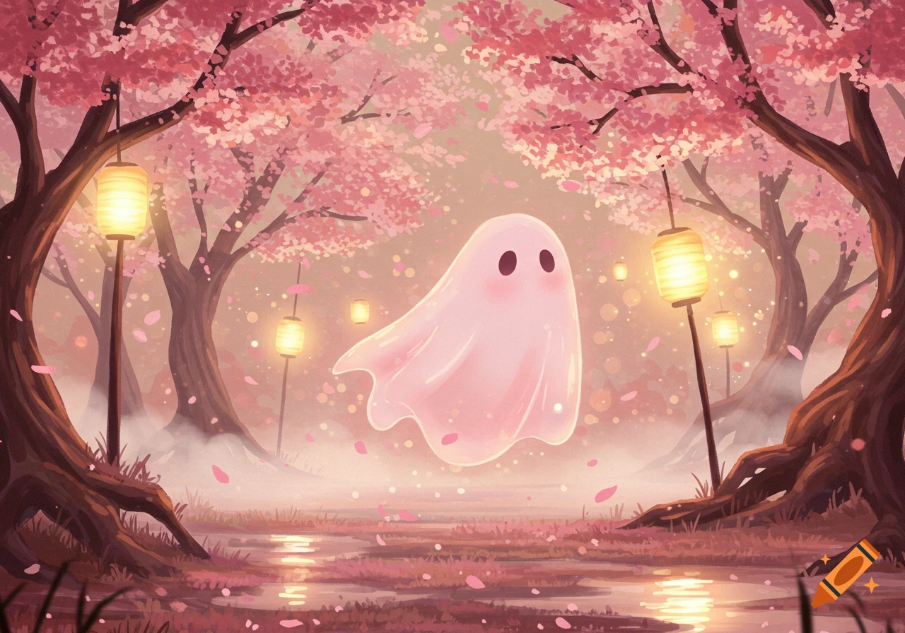 A cute, translucent pink ghost floats in a vibrant cherry blossom forest with glowing lanterns and falling petals, anime style.