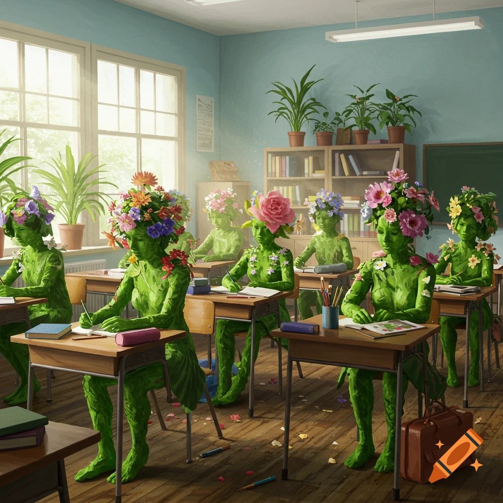 A classroom scene with students made of green foliage, with various flowers growing from their heads and shoulders, seated at desks.
