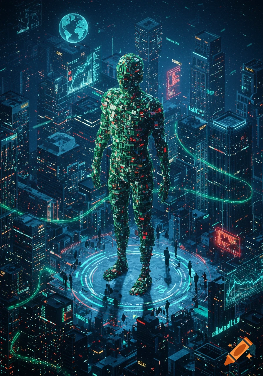 A giant humanoid figure made of circuit boards stands in a futuristic, neon-lit city with glowing data streams and a digital Earth above.