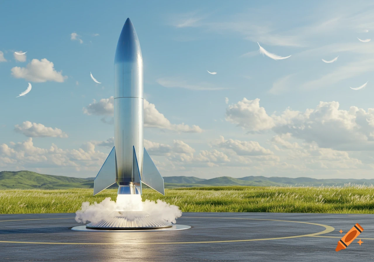 A silver rocket launching from an asphalt pad in a green field under a blue sky with white clouds and floating white feathers.