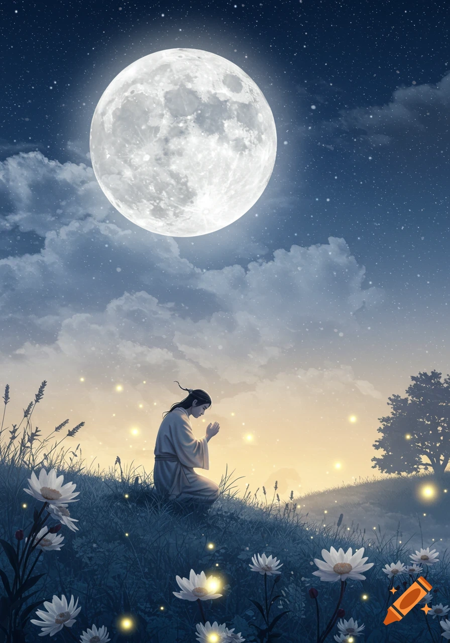 A person kneels on a grassy hill, hands clasped, under a large full moon and starry night sky. White glowing flowers dot the foreground, and fireflies sparkle around a distant tree.