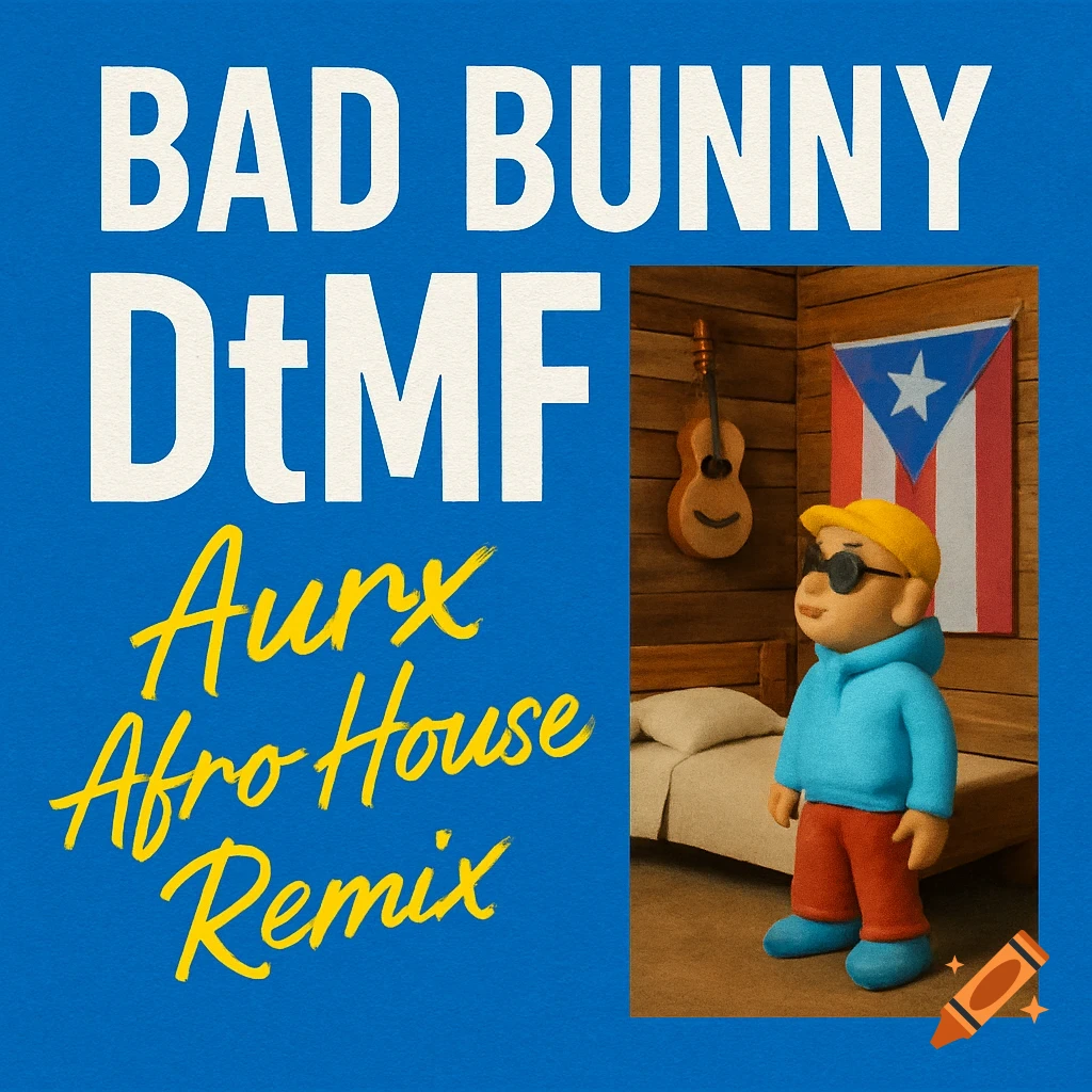 Album cover with 'BAD BUNNY' text on a blue background and a clay-like character in a stop-motion style bedroom with a Puerto Rican flag.