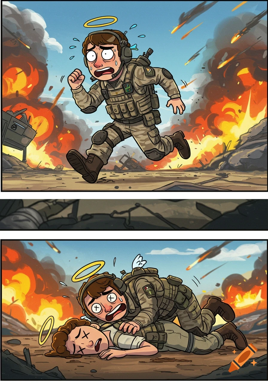 Goofy cartoon comic shows a soldier running through an exploding battlefield, then lying comically dead with a friend.
