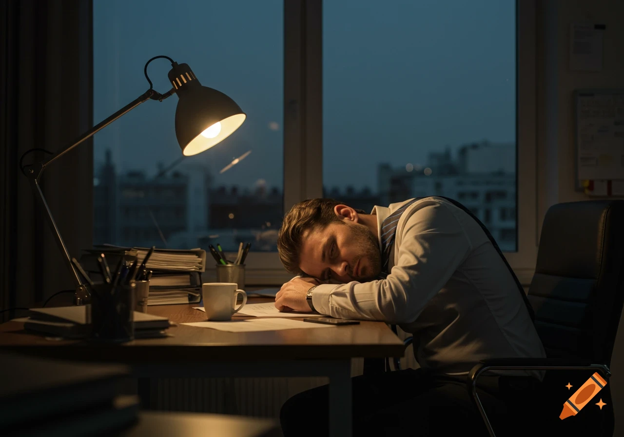 A tired man in a white shirt and tie sleeps with his head on his desk under a desk lamp in a dark office.