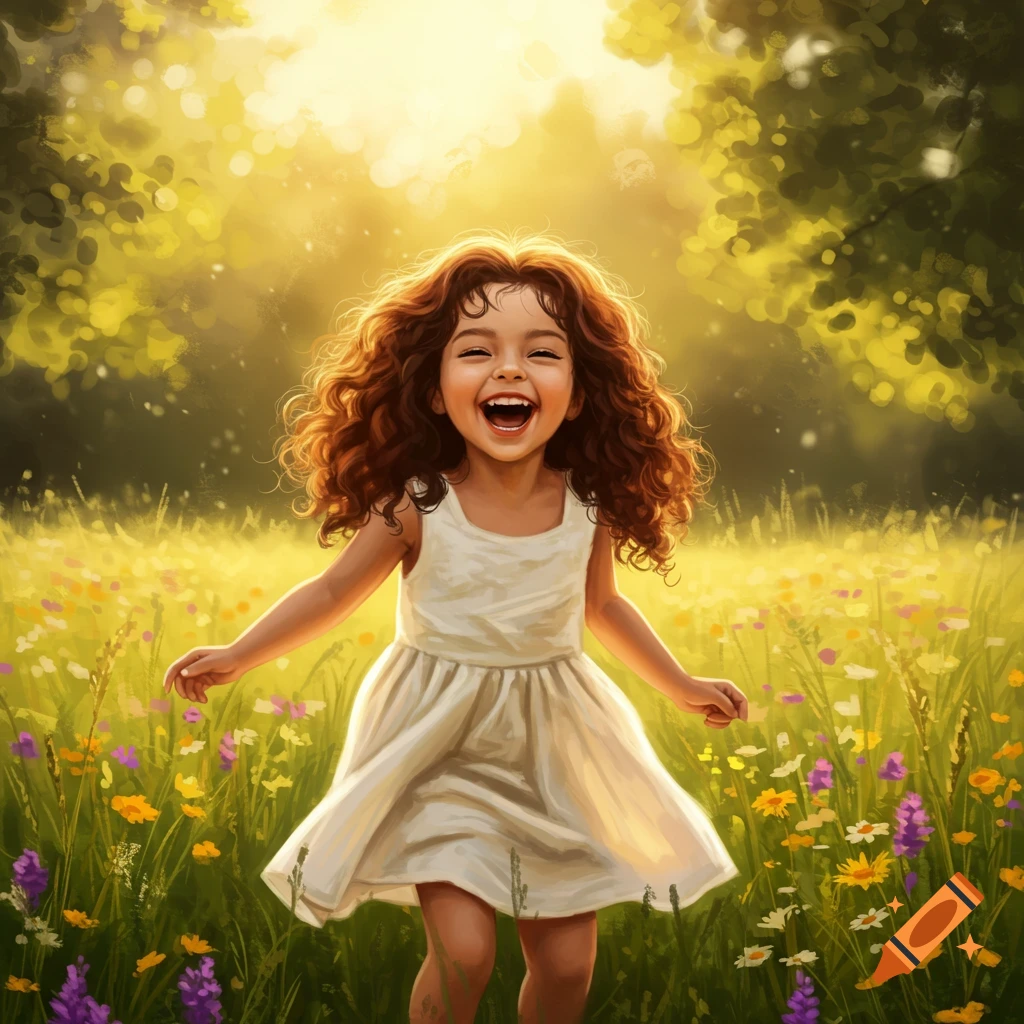 A happy little girl with curly brown hair laughs while running through a sunlit field of wildflowers in an illustrative style.