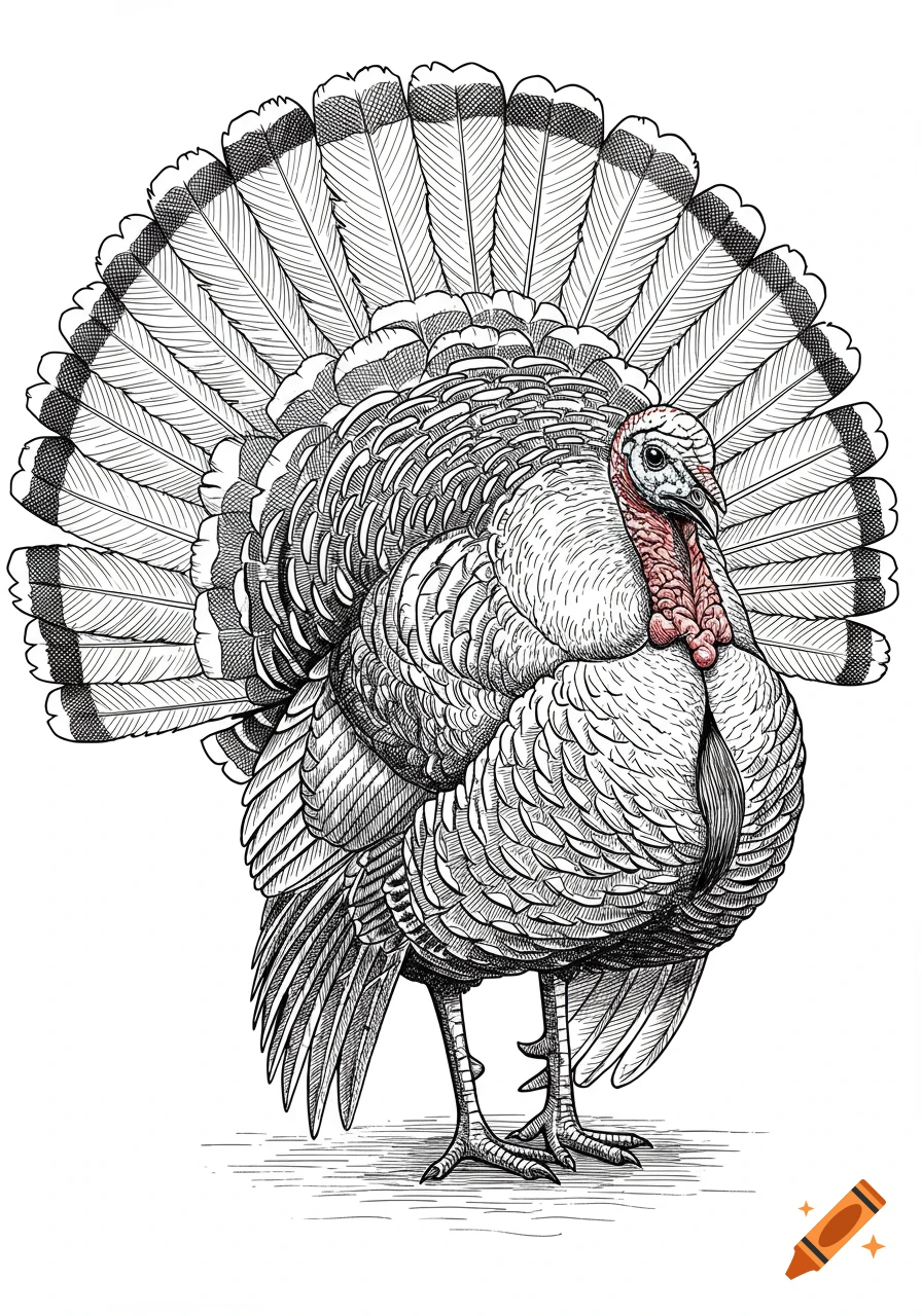 Black and white line drawing of a turkey standing with its tail feathers fanned out, on a white background.