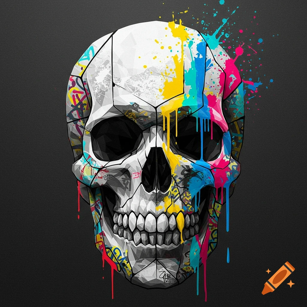 Stylized graphic skull with triangular facets, predominantly black and white with vibrant yellow, blue, and pink paint dripping from the top. Abstract graffiti patterns cover unpainted areas.