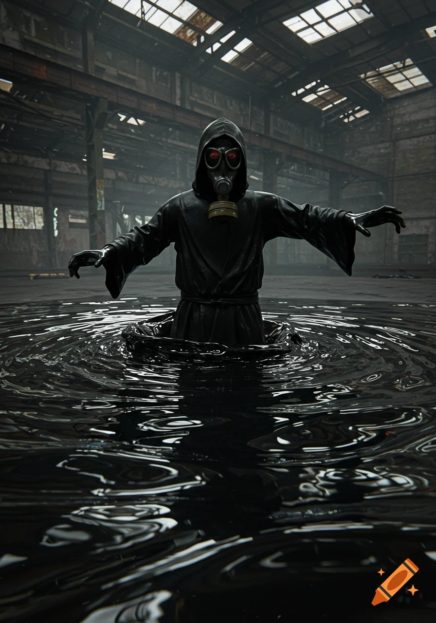 A cloaked figure in a gas mask emerges from dark, iridescent goo in a ruined warehouse.