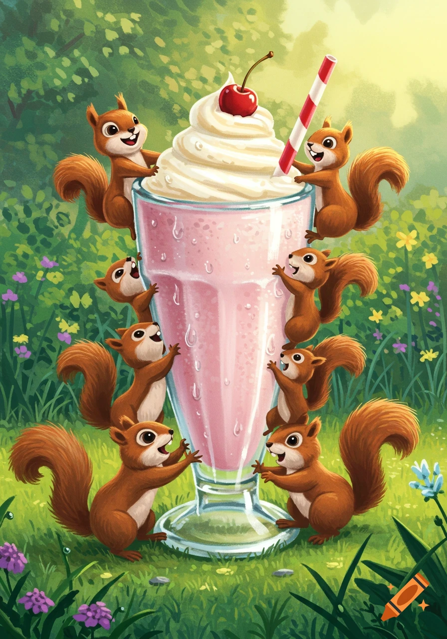 Happy cartoon squirrels climb and gather around a giant pink milkshake with whipped cream and a cherry in a grassy field.