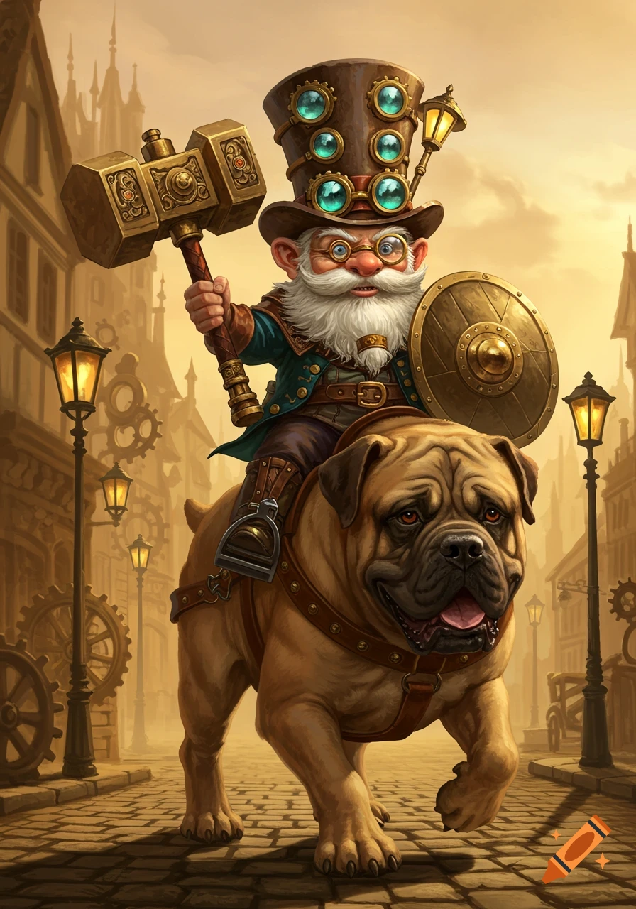 A steampunk gnome with a big beard and goggles, holding a hammer and shield, rides a mastiff dog down a cobblestone street.
