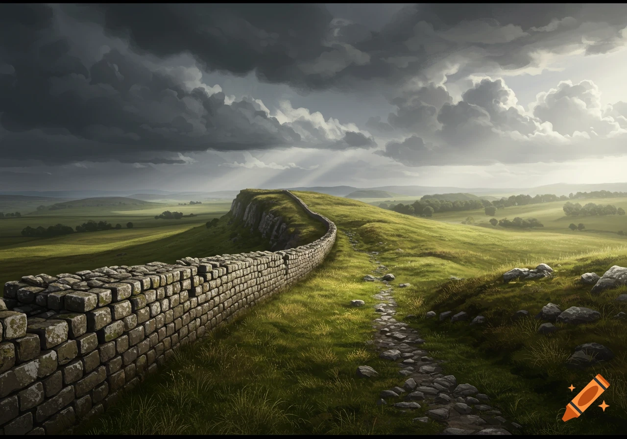 A long stone wall and a winding path ascend a grassy hill under a dramatic, cloudy sky with sunbeams.