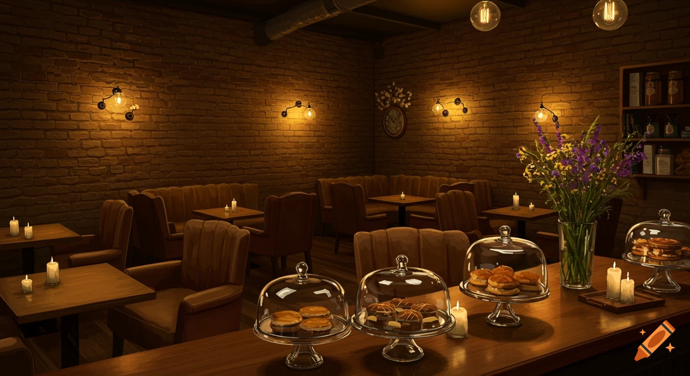 A warm and cozy cafe interior with brick walls, tables and upholstered chairs, illuminated by wall sconces and candles, with a counter displaying pastries and flowers.