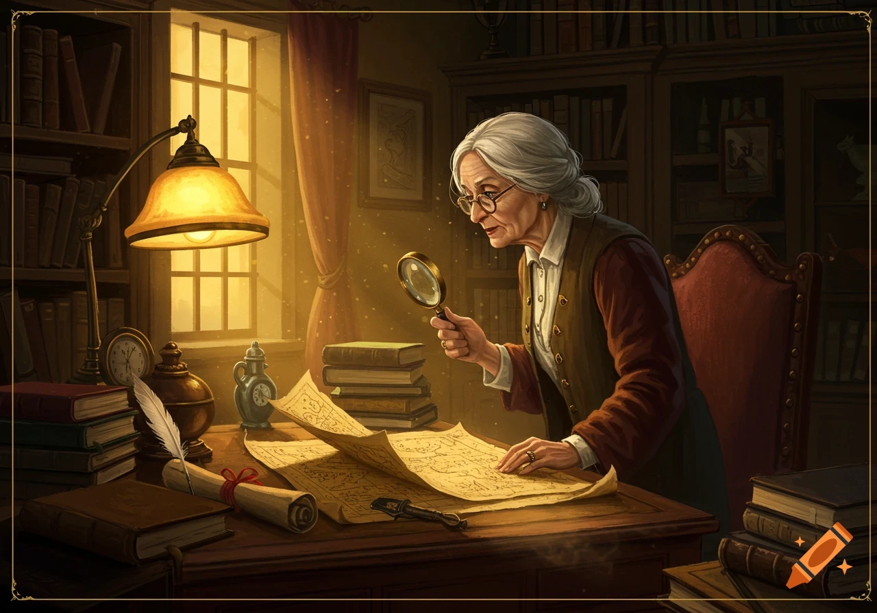 An elderly woman with gray hair and glasses meticulously examines old papers on a wooden desk with a magnifying glass in a warm, lamp-lit study filled with bookshelves.