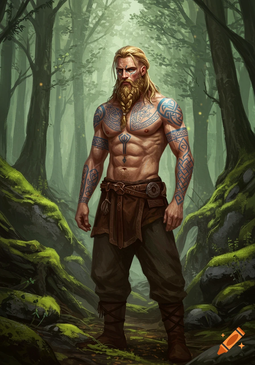 A strong Viking man with a braided blond beard and blue tribal tattoos stands shirtless in a misty forest.