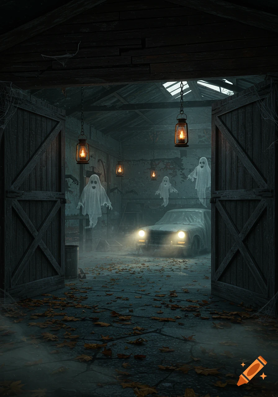 A spooky Halloween scene inside a haunted garage with several sheet ghosts, a covered car with headlights on, hanging lanterns, and fallen leaves on the floor.