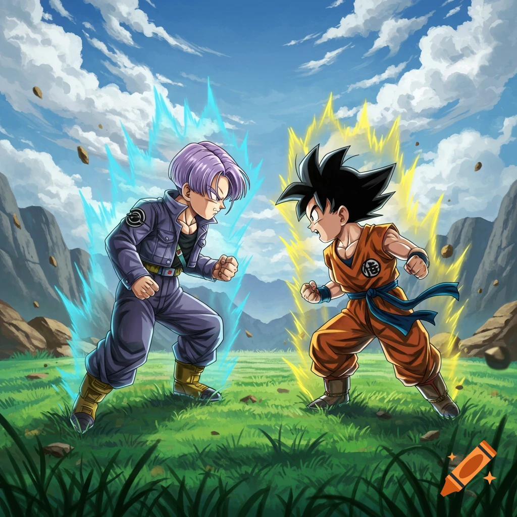 Anime depiction of Trunks and Goten powered up and facing each other in a grassy field with mountains and clouds.