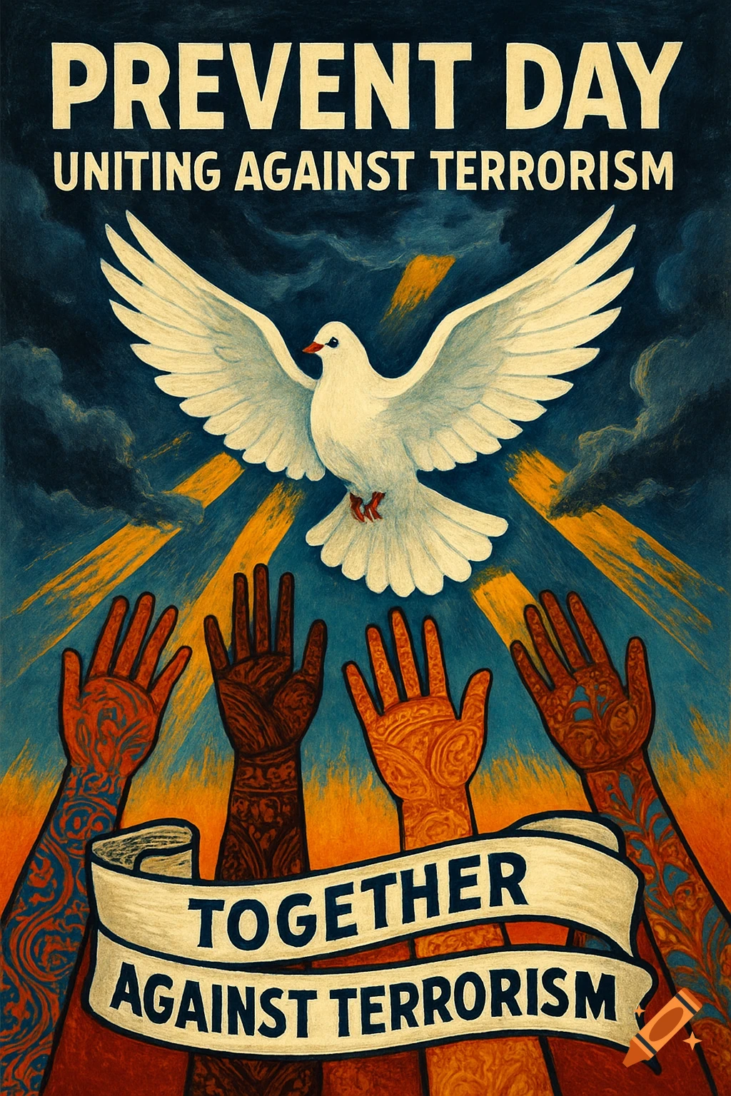 A stylized poster showing a white dove flying above four diverse hands reaching up. Text reads 'PREVENT DAY UNITING AGAINST TERRORISM' and 'TOGETHER AGAINST TERRORISM'.