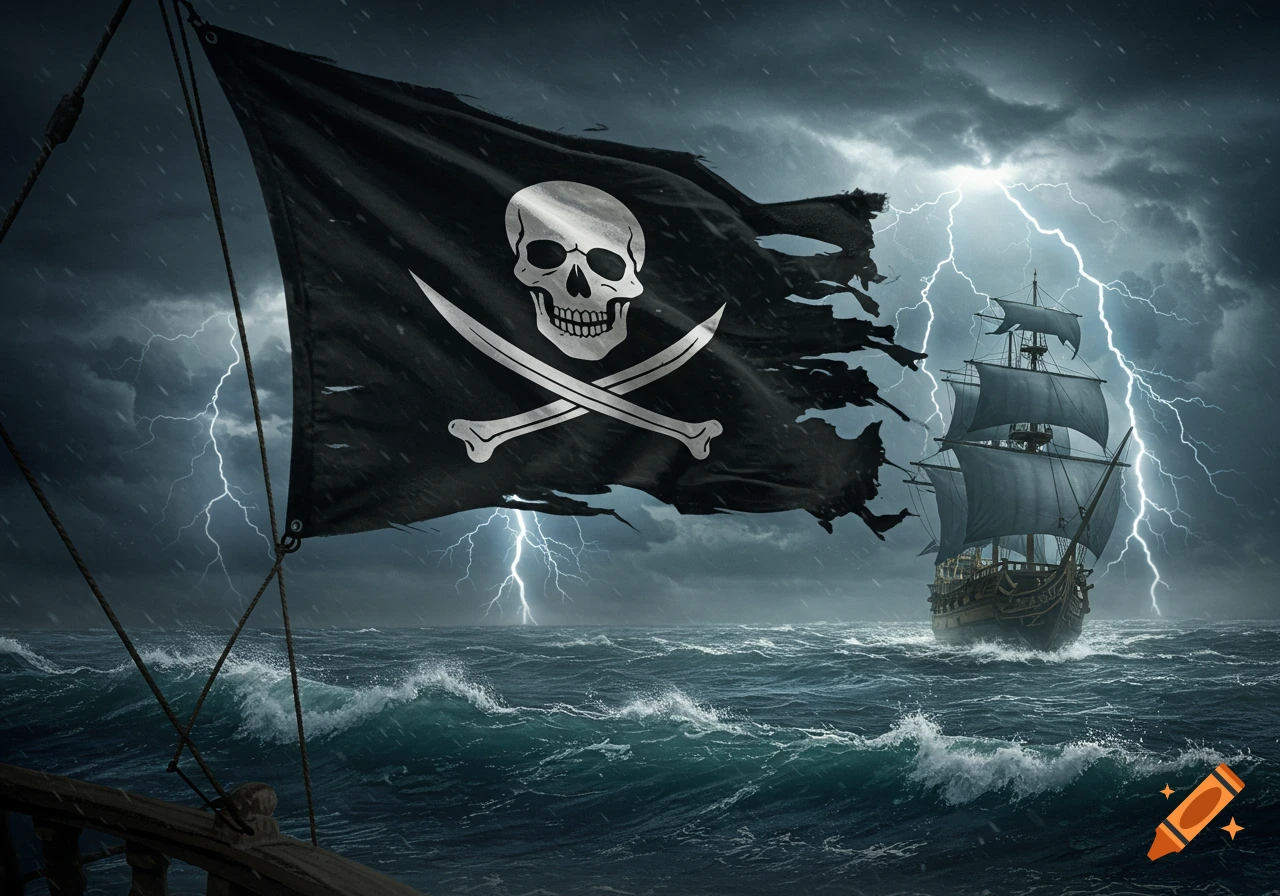 A torn pirate flag with a skull and crossbones flies on a stormy sea with lightning and a tall ship.