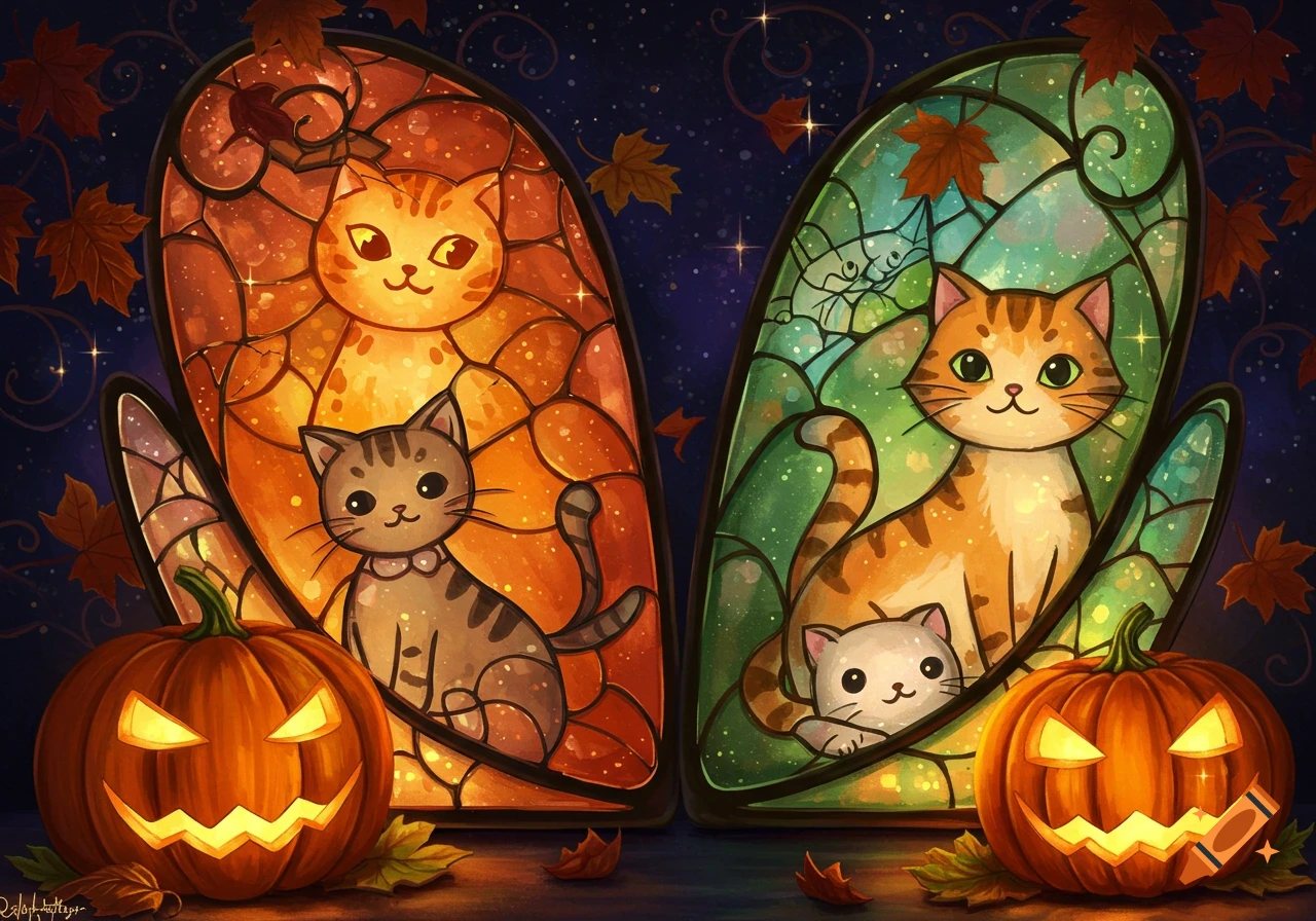 Two Halloween-themed stained glass panels featuring cute cats, with glowing jack-o'-lanterns and autumn leaves.
