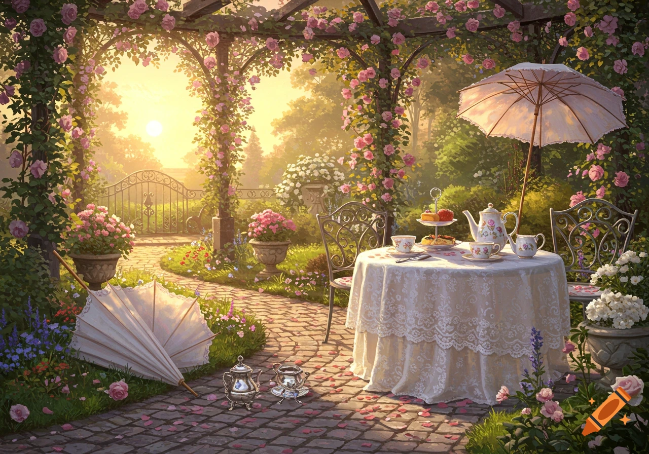 A beautiful, sunlit fantasy garden features a delicate tea party table under a rose-covered pergola, with a path leading to a gate.