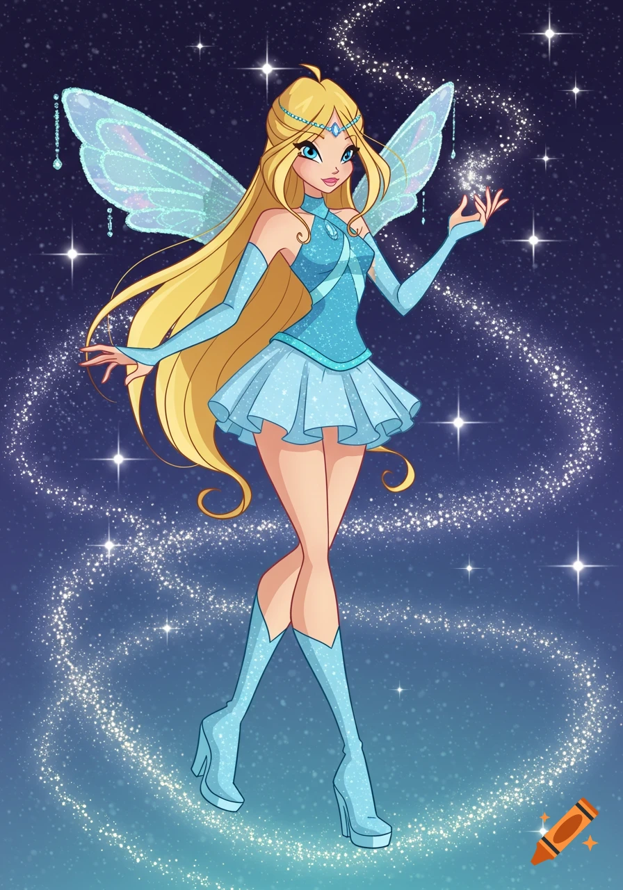 Blonde fairy in blue outfit with wings, floating in a starry sky, casting magic, in Winx Club cartoon style.