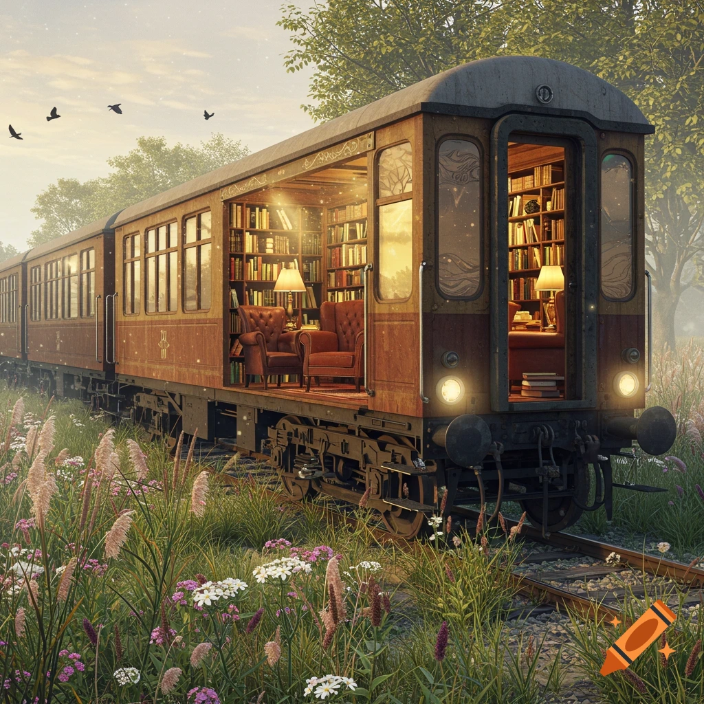 An old train car transformed into a cozy library, filled with books, armchairs, and lamps, sits on tracks in a vibrant wildflower field at sunset.