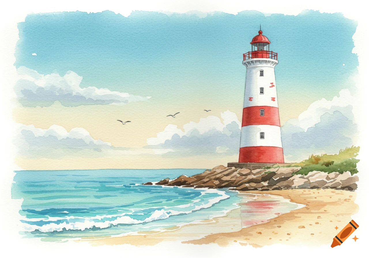 Watercolor painting of a red and white striped lighthouse on a rocky shore next to a sandy beach with ocean waves.