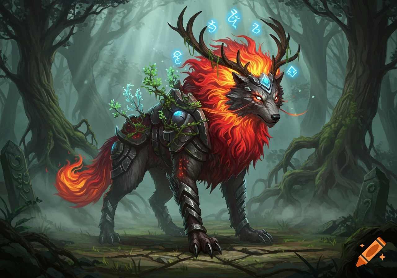 A majestic mythical beast with a fiery mane, antlers, bark-like armor, and glowing elemental sigils stands in a misty ancient forest clearing.