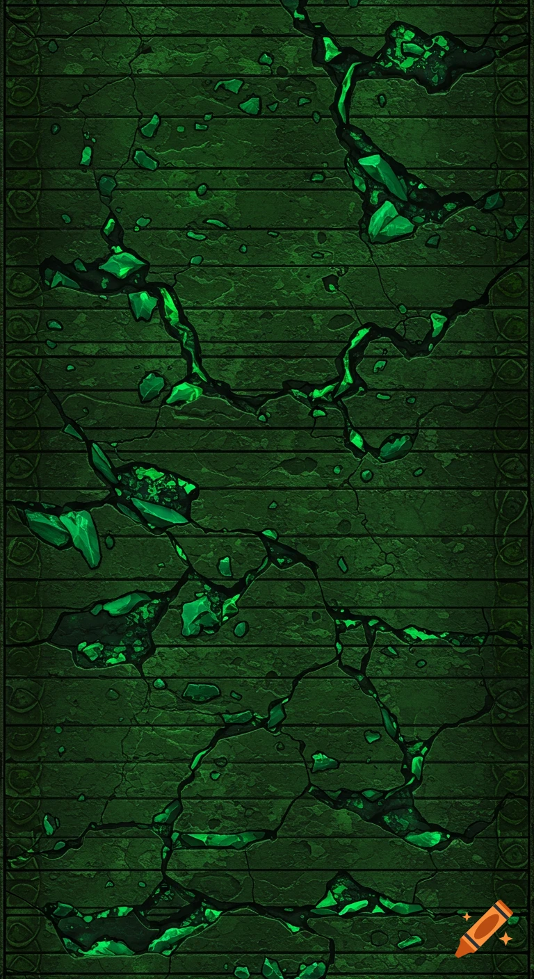 A dark fantasy dungeon background with cracked, weathered green stone revealing glowing emerald crystals and veins, framed by ornate dark borders.