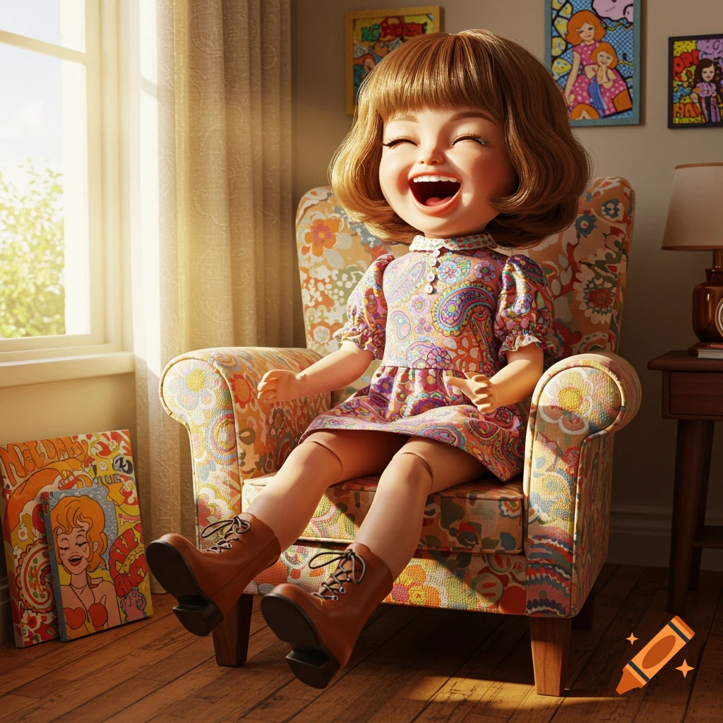 A cheerful doll with bobbed hair laughs in a floral armchair, bathed in sunlight, with pop art on the walls.