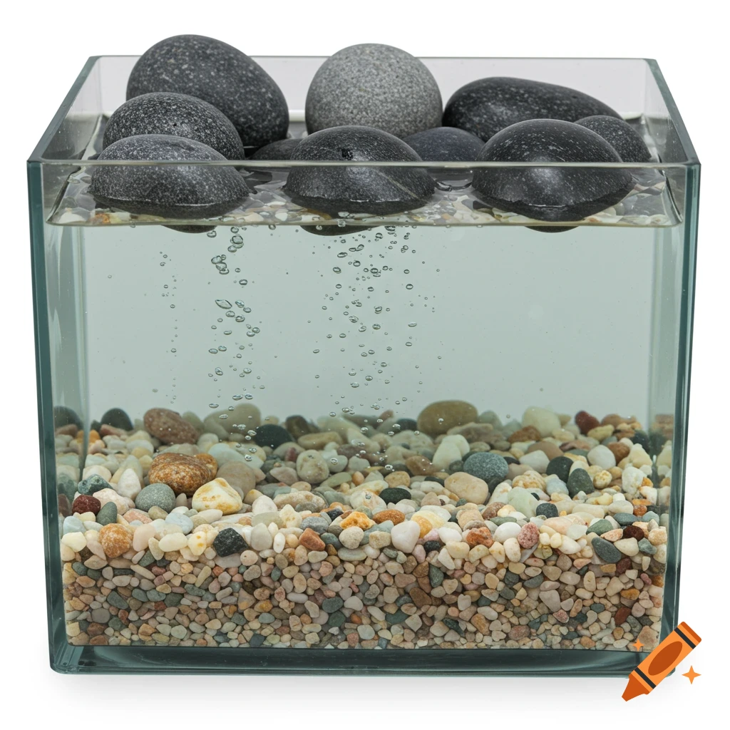 A clear glass water tank filled with water, featuring large dark grey stones floating near the surface, smaller colorful pebbles in the middle layer, and very small gravel covering the bottom.