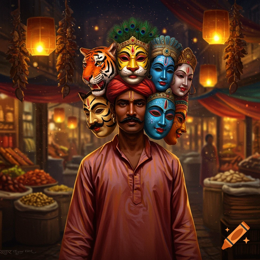 An Indian man in a market with a red turban, his head adorned with many colorful, stylized masks of animals and deities under glowing lanterns.