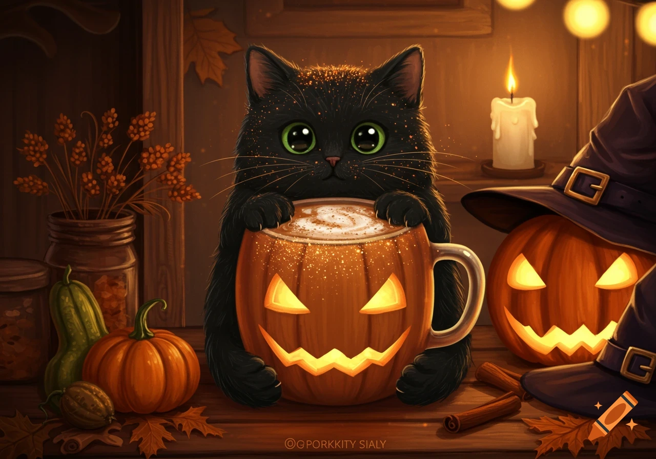 A fluffy black cat with big green eyes holds a pumpkin-shaped mug with a frothy drink, surrounded by Halloween decor like carved pumpkins and witch hats, in a cute illustrative style.