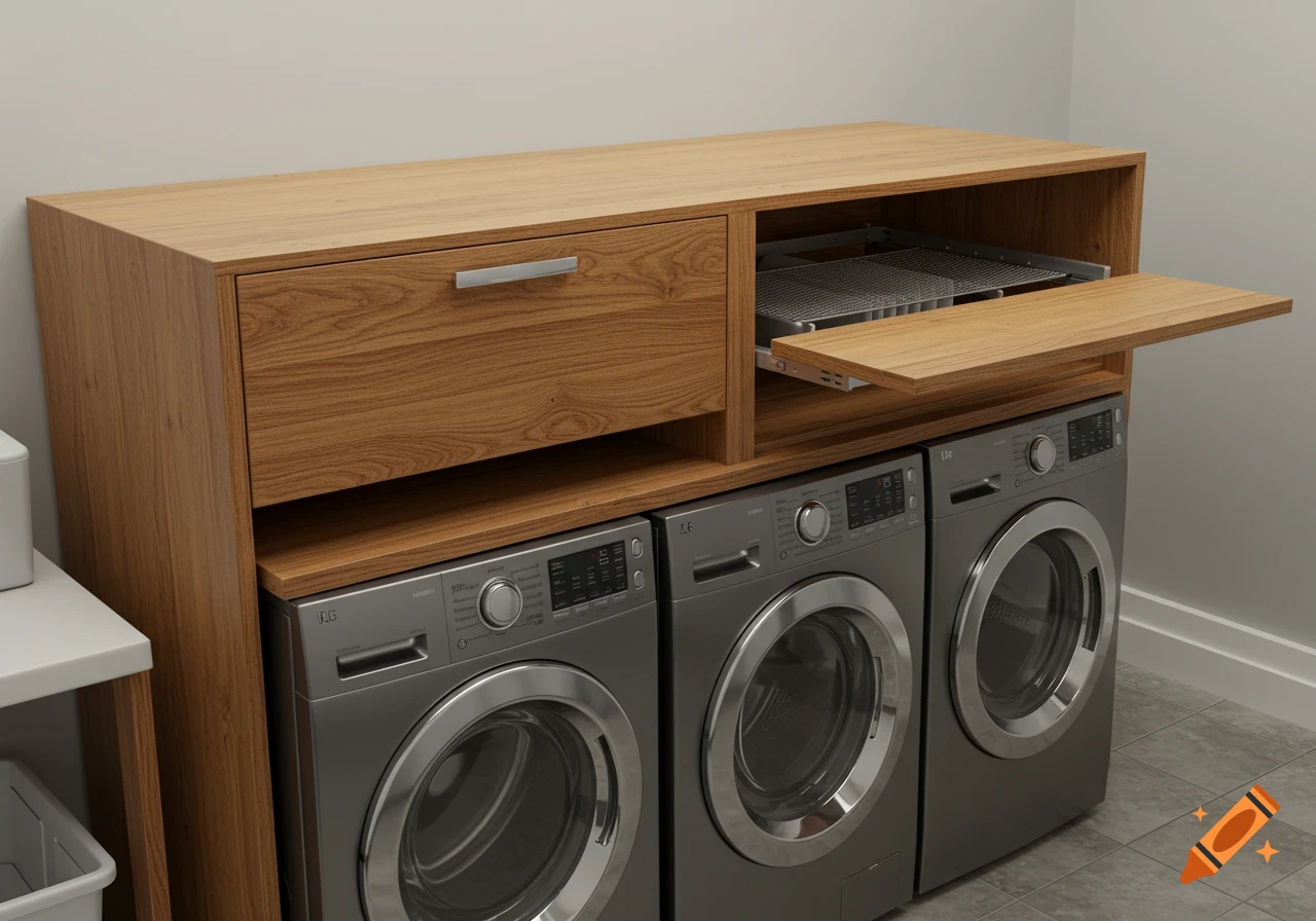 A custom wooden countertop box with a pull-out drying shelf above three front-loading washing machines in a modern laundry room.