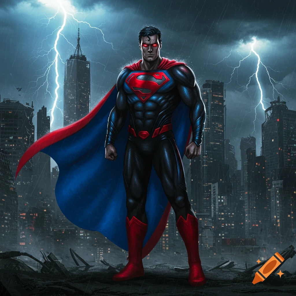 An evil Superman doppelganger with red eyes and a dark suit with inverted colors stands in a stormy, ruined city with lightning in the background.