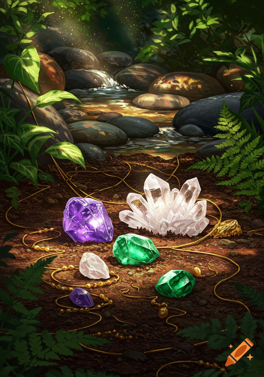 Illustrated scene of vibrant crystals and gold beads on the forest floor beside a rocky stream, with sunlit green foliage.