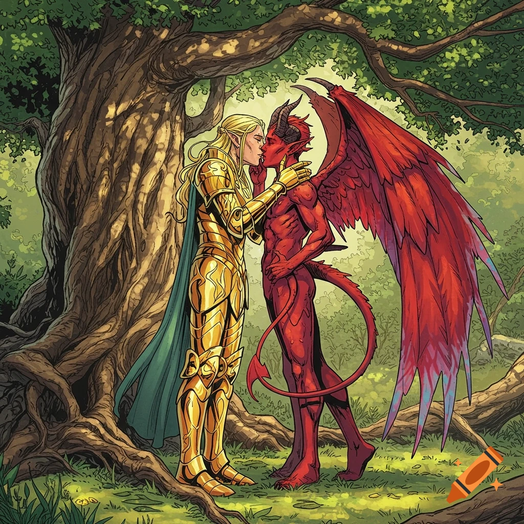 Comic art of an armored blonde elf kissing a red-skinned demon with wings under a tree.