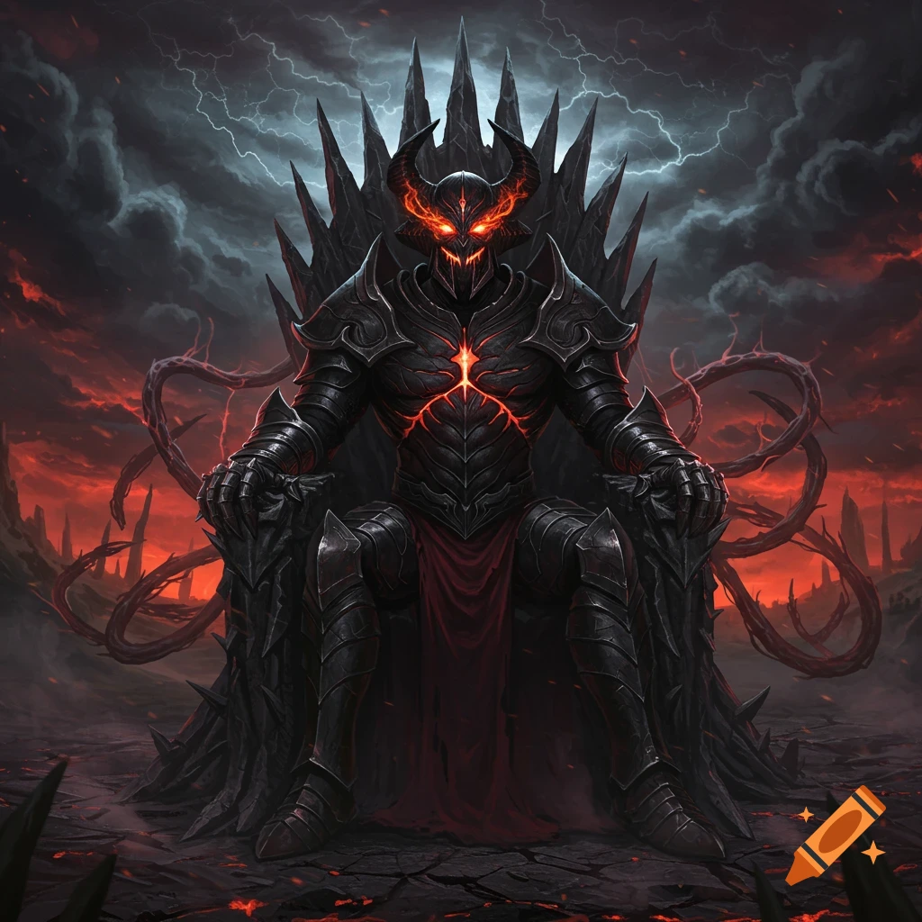 A menacing, horned, armored dark lord with glowing red eyes and chest sits on a spiky throne in a fiery, stormy realm.