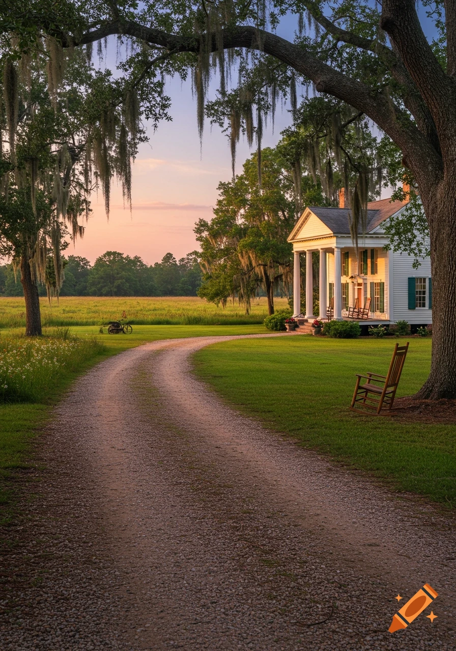 Photorealistic image of a grand white Southern house with a long gravel driveway, Spanish moss, and green fields at sunset.