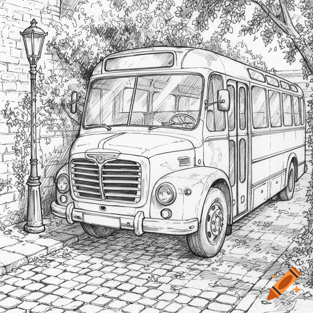 Black and white line art sketch of an old bus parked on a cobblestone street next to a lamppost and a brick wall with vines.