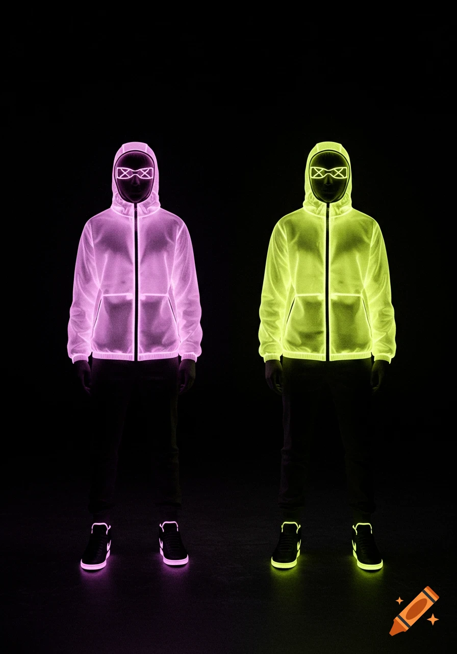 Two glowing figures in pink and yellow fluorescent jackets, ski masks, and sneakers stand in a dark room.