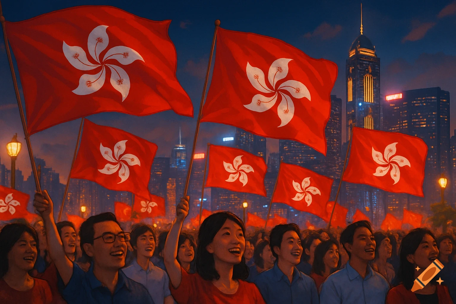 A large crowd of people holding red Hong Kong flags, celebrating at night in a city with illuminated skyscrapers.