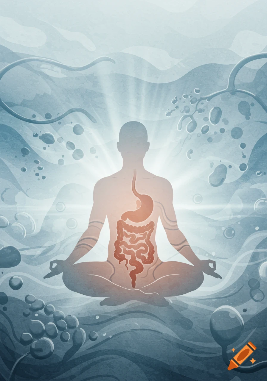 Stylized illustration of a meditating person with highlighted digestive organs against an abstract blue-grey, microbial background.