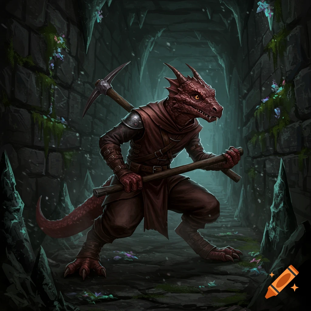 A red-scaled kobold rogue, holding a pickaxe and staff, lurks in a dark, mossy dungeon with glowing fungi.