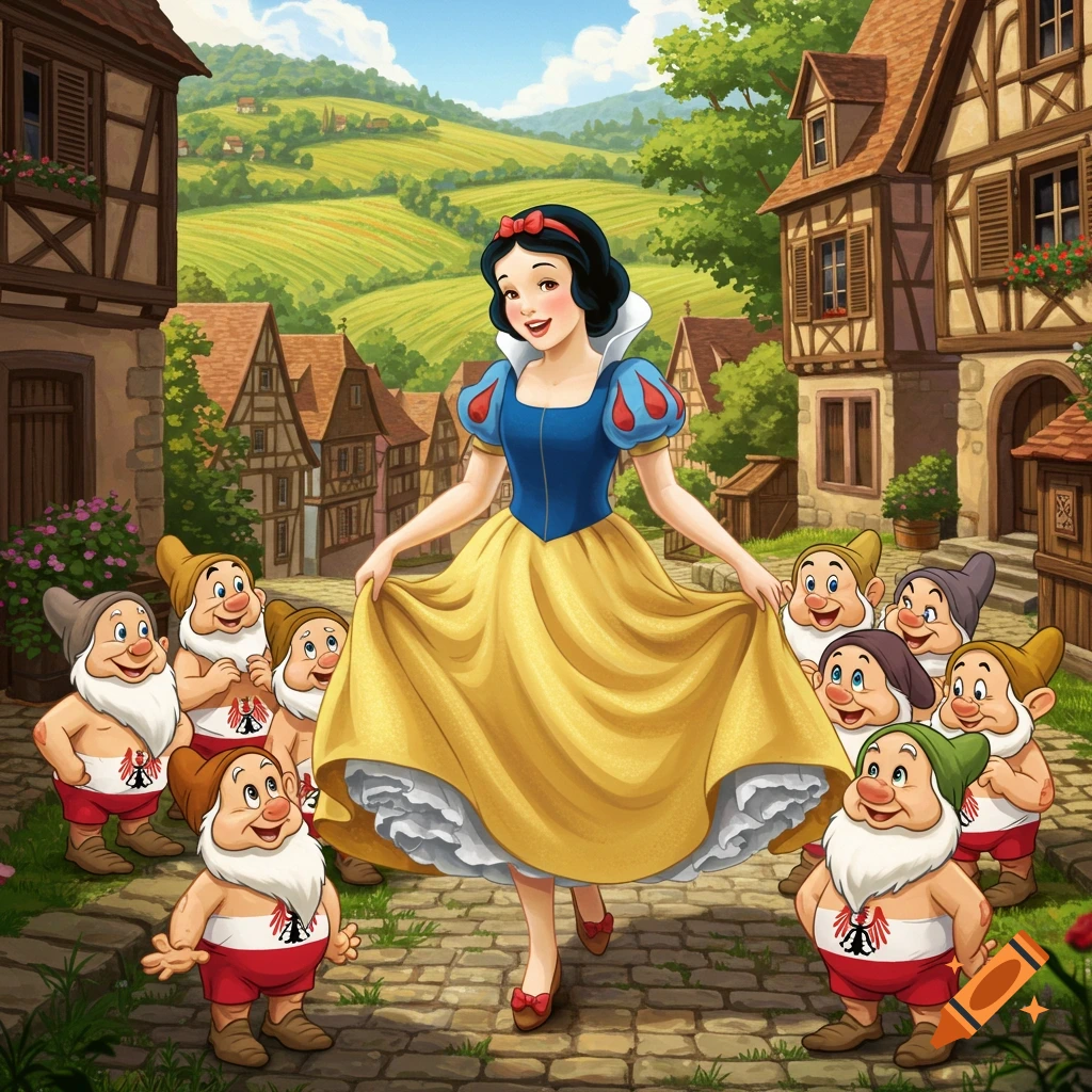 Snow White in an Alsatian-style dress, surrounded by seven smiling dwarfs in red shorts with Alsatian symbols, in a picturesque village.