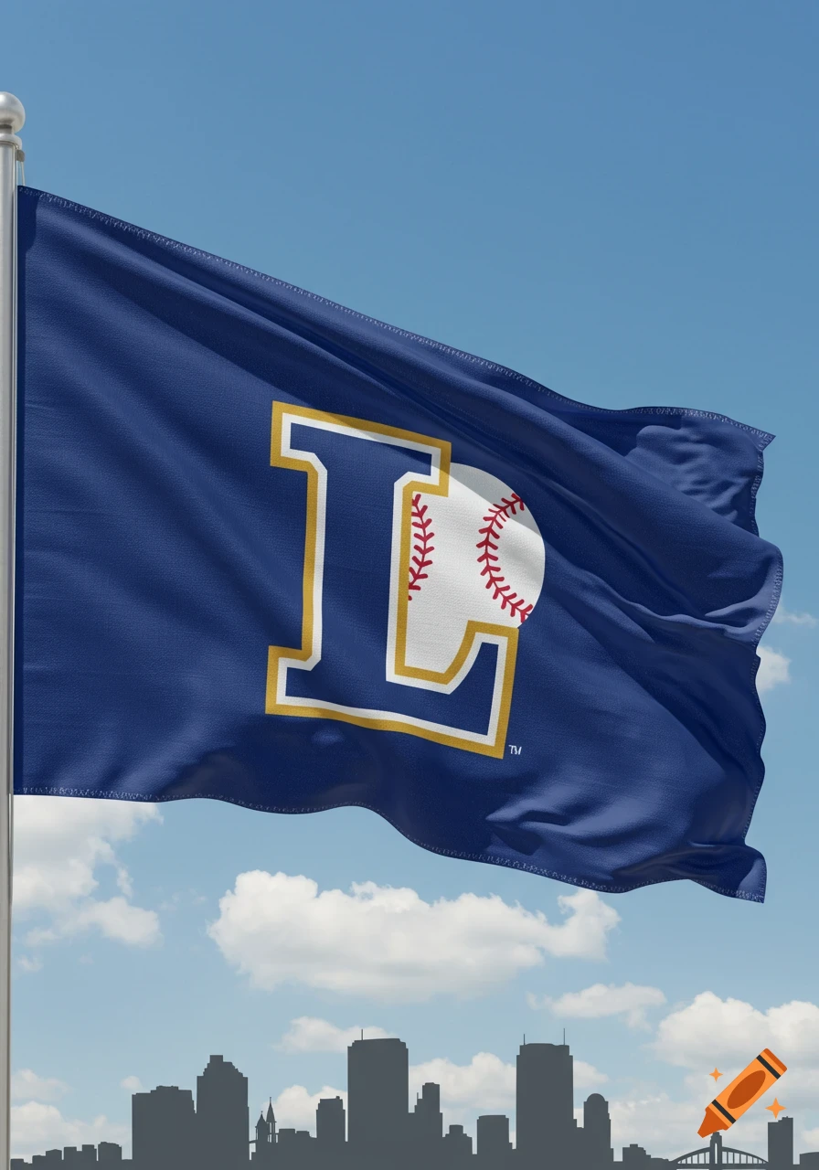 A blue flag with a yellow and white outlined letter 'L' and a baseball on it, flying above a silhouetted city skyline against a blue sky with clouds.