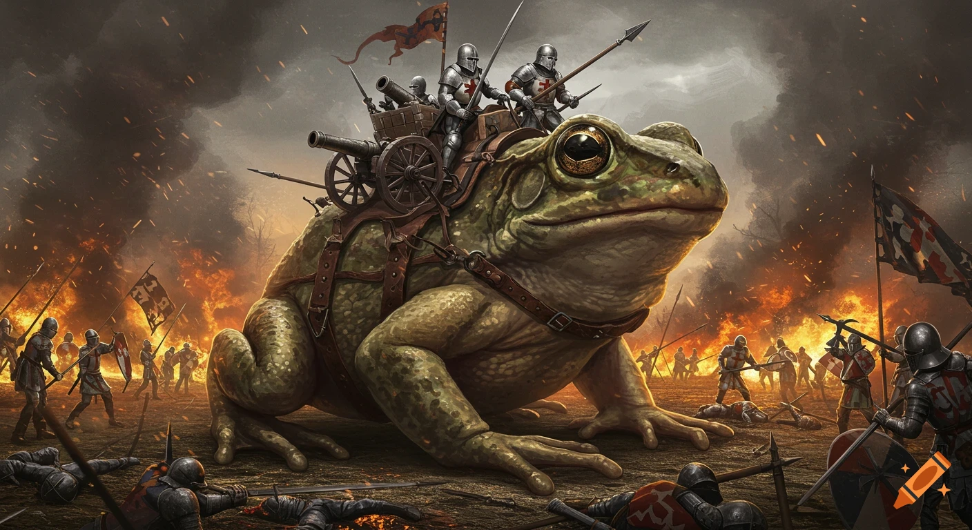 A giant frog carrying armored medieval knights with cannons and spears on its back, charging across a fiery battlefield amidst fighting soldiers.