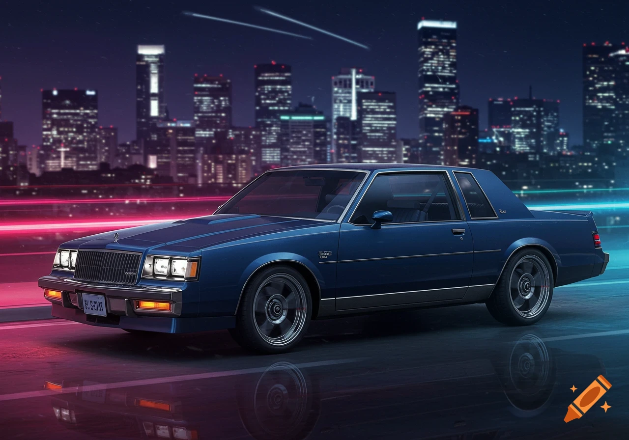 A dark blue 1980s Buick Regal coupe drives on a wet city street at night, with neon pink and blue lights reflecting off the surface and a blurred skyline in the background.