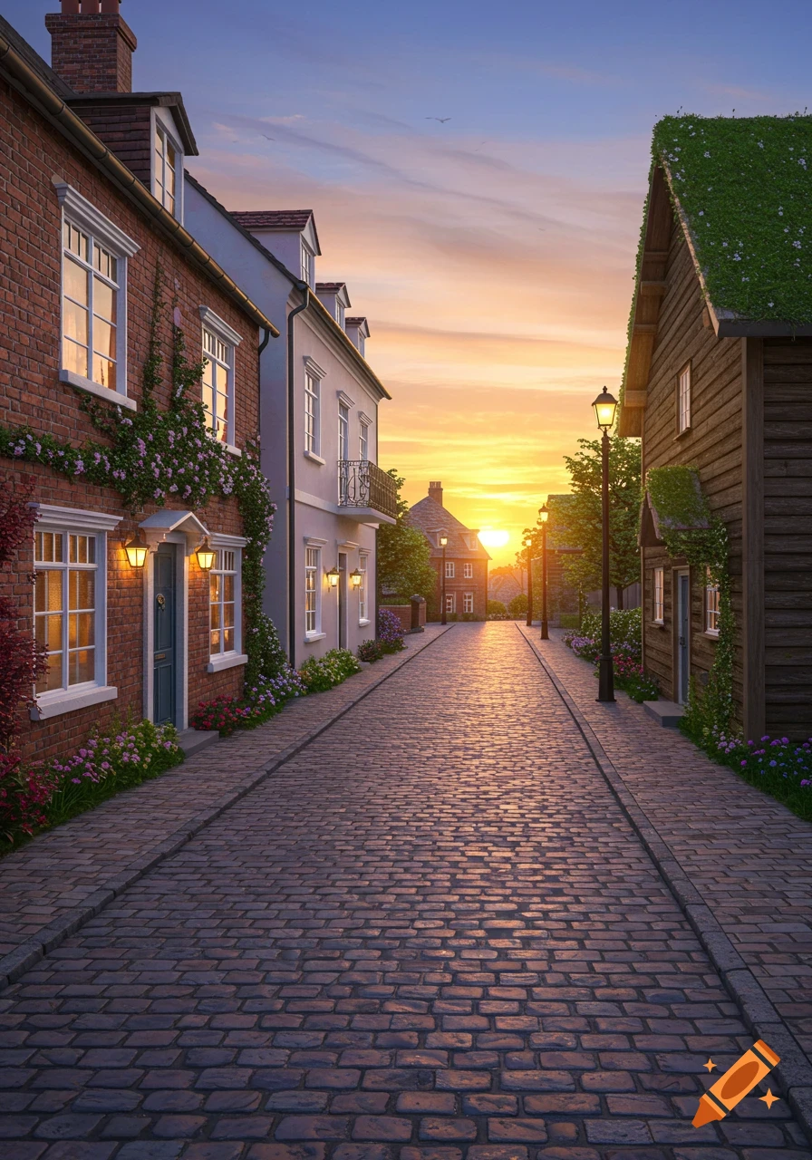 Photorealistic image of a cobblestone street lined with charming brick and wooden houses, illuminated by a warm sunset.
