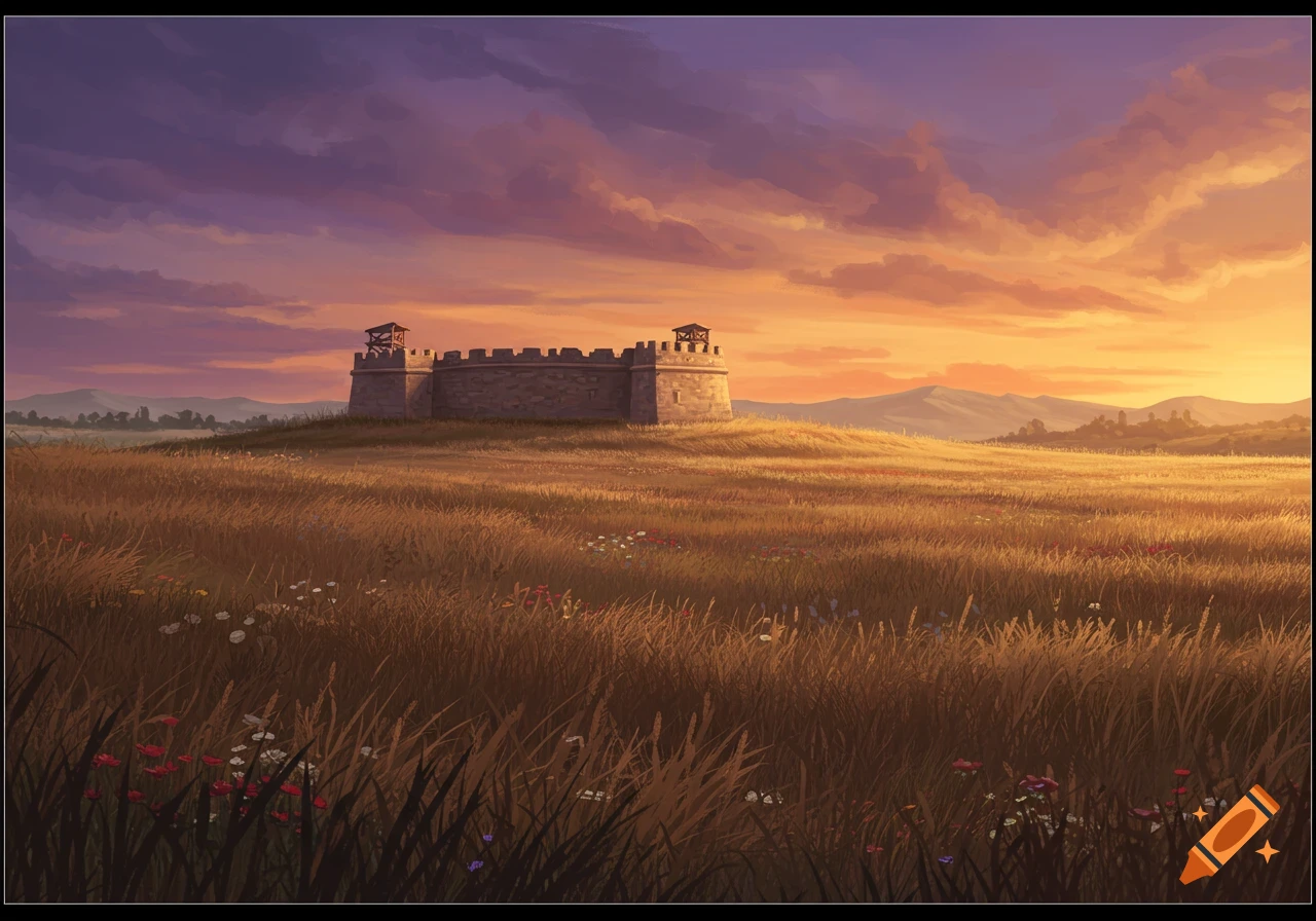 An illustrative landscape showing a stone fortress on a grassy hill during sunset with colorful clouds.